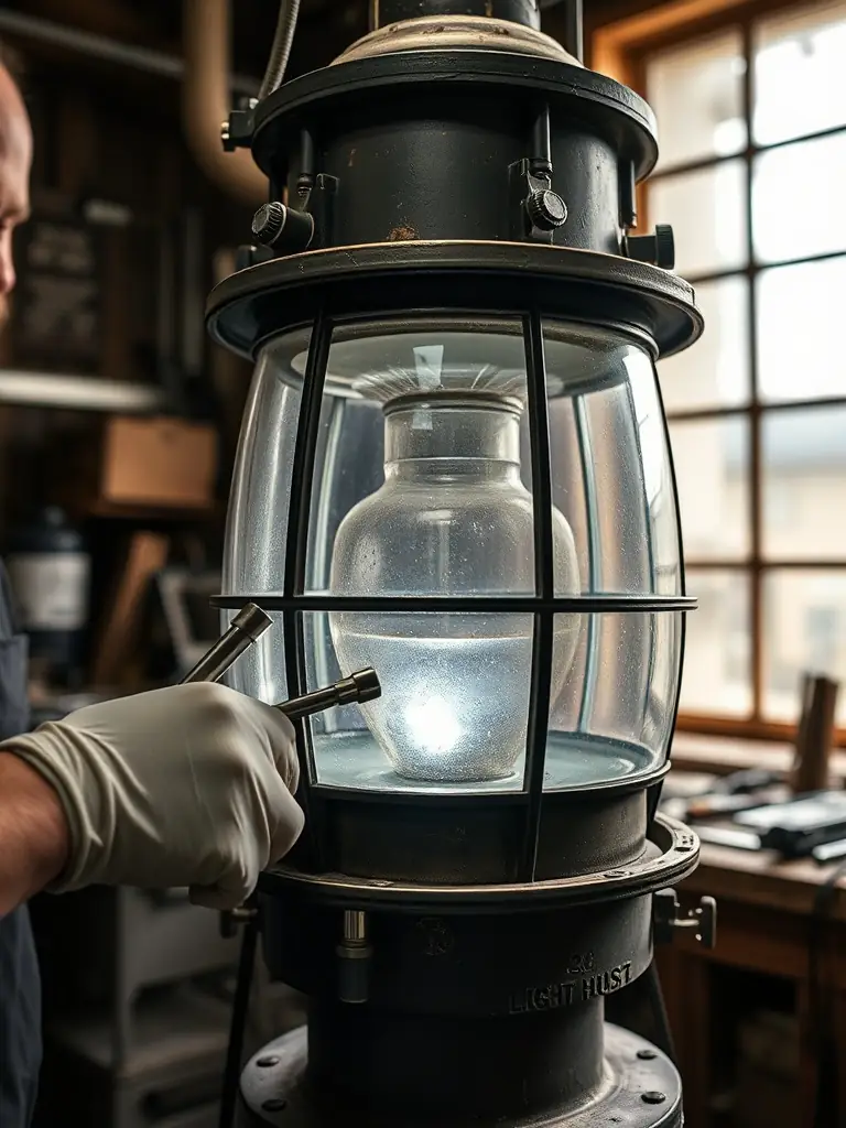 A photograph capturing the meticulous restoration of a historic lighthouse lens, showcasing the dedication to preserving original components.