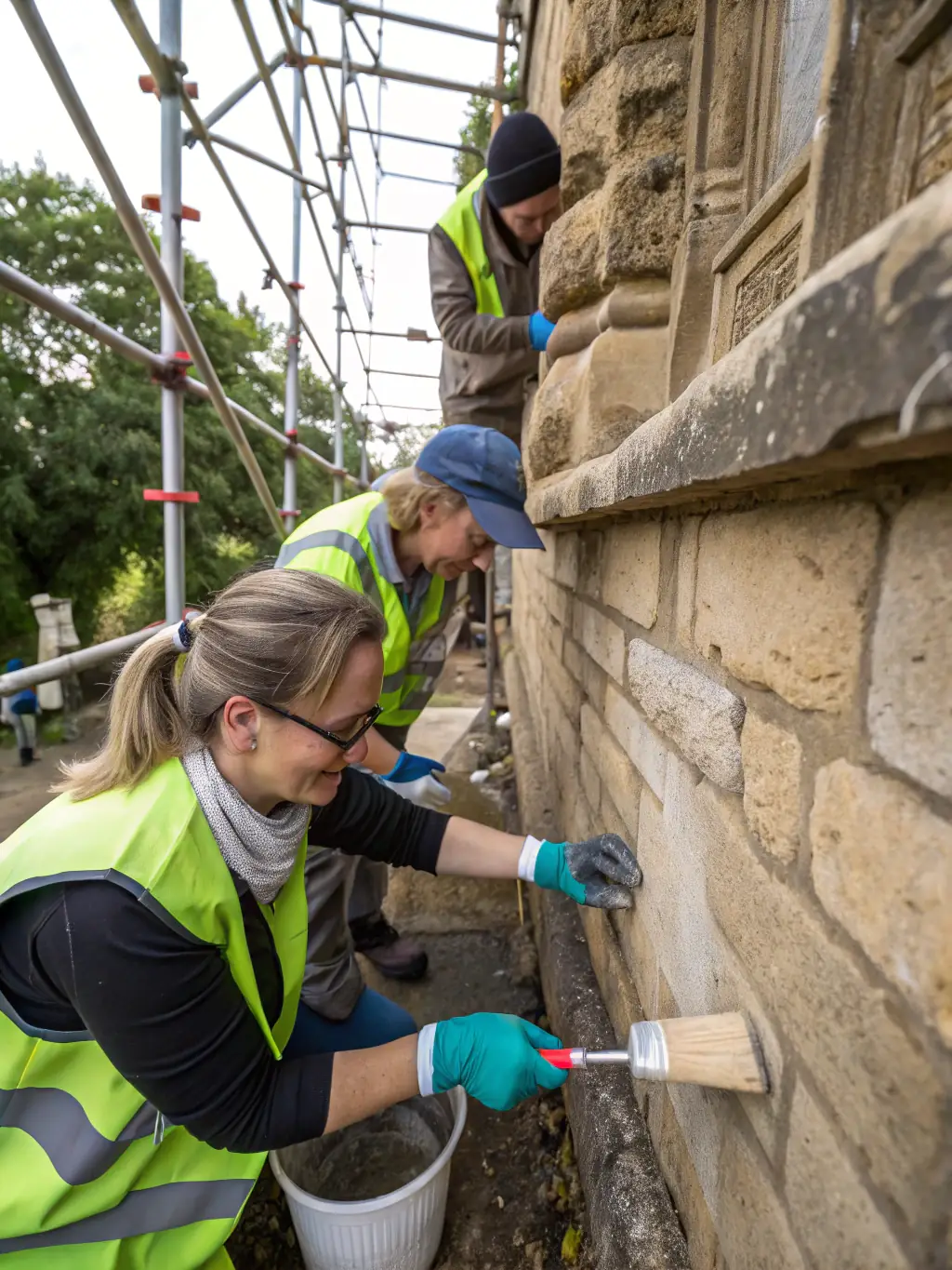 A photograph capturing volunteers restoring the exterior of a historic lighthouse, showcasing the hands-on preservation work undertaken by Phares de France.
