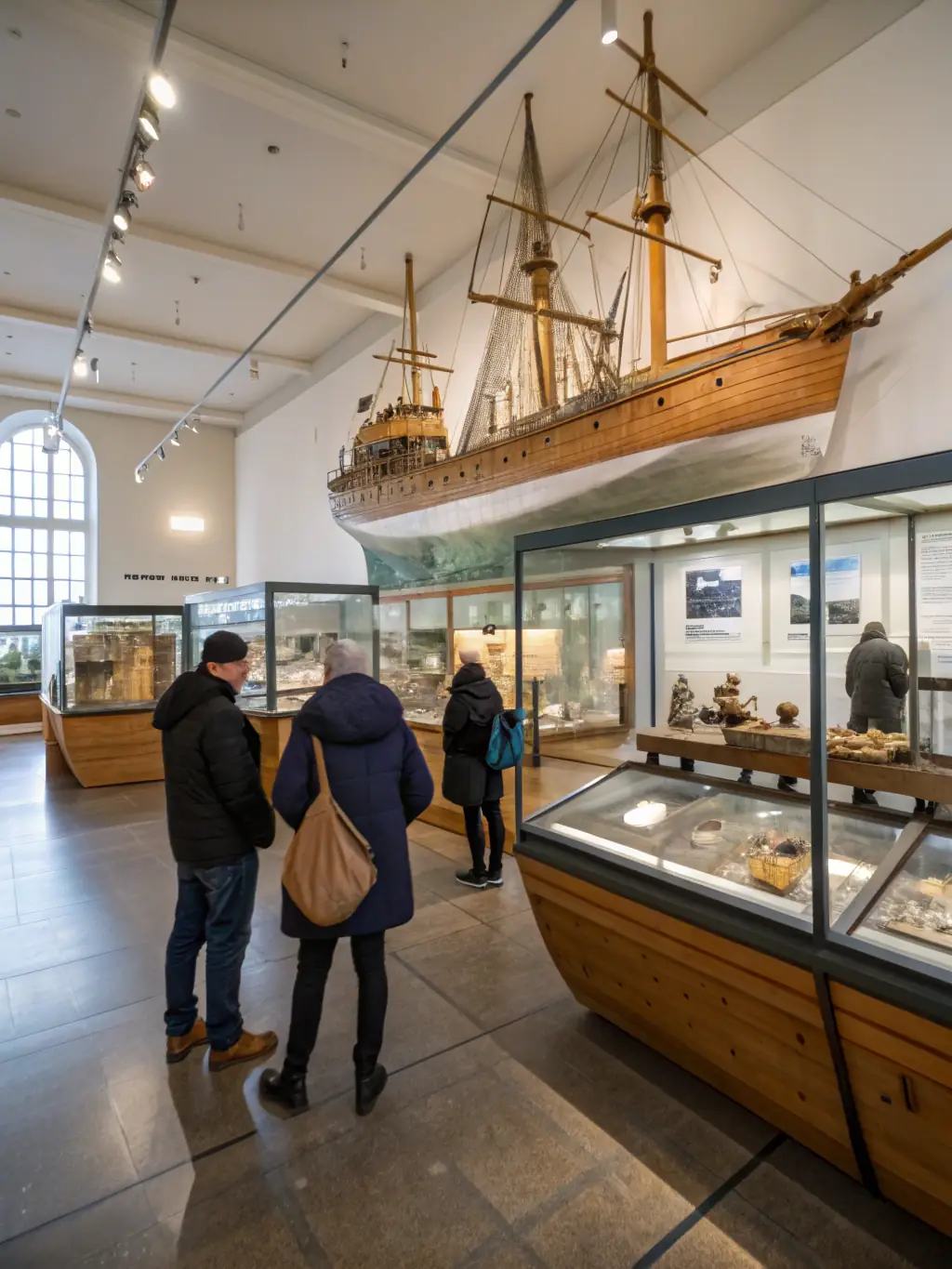 A photo of an exhibition showcasing historical artifacts and documents related to lighthouses, attracting visitors interested in maritime history.